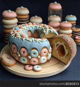 Festive big donut bundt cake with icing and decorations. Creative dessert concept. Ai generative. Big donut bundt birthday cake. Creative dessert concept. Ai generative
