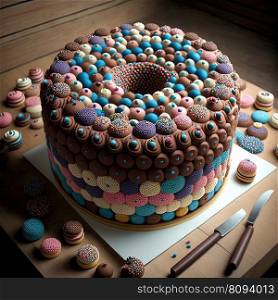 Festive big donut bundt cake with icing and decorations. Creative dessert concept. Ai generative. Big donut bundt birthday cake. Creative dessert concept. Ai generative