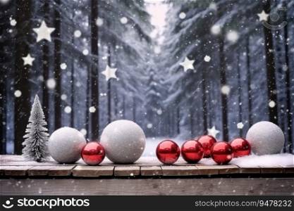Festive Christmas composition of balls in forest framed by snow-covered fir trees. Generative AI