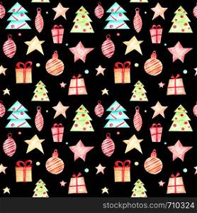 Festive Christmas pattern. Christmas decorations for the Christmas tree, stars, gifts, confetti, Christmas trees. Bright colorful background for gift wrapping, cards, posters.. Festive Christmas pattern.