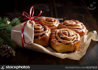 festive cinnamon buns wrapped and tied with a red ribbon, created with generative ai. festive cinnamon buns wrapped and tied with a red ribbon