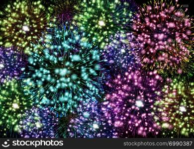 Festive colorful glowing fireworks design as abstract background.