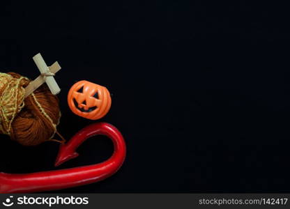 Festive composition, Creative flat lay of Halloween pumpkin on dark blackground
