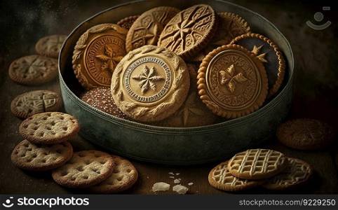 Festive cookies, different shapes and flavors, dark background. Header banner mockup with copy space. AI generated.. Festive cookies, different shapes and flavors, dark background. AI generated.
