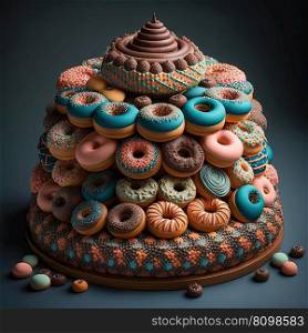 Festive donut birthday cake with icing and decorations. Creative dessert concept. Ai generative. Festive donut birthday cake. Creative dessert concept. Ai generative
