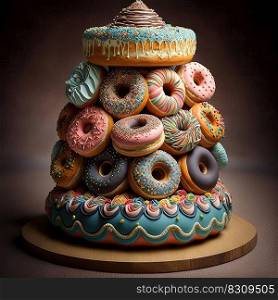 Festive donut birthday cake with icing and decorations. Creative dessert concept. Ai generative. Festive donut birthday cake. Creative dessert concept. Ai generative
