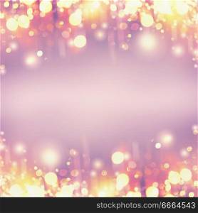 Festive golden holidays bokeh on pastel purple background, frame with copy space