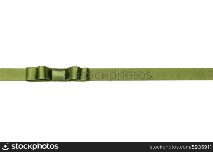 Festive green gift ribbon and bow isolated on white background