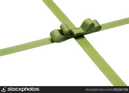 Festive green gift ribbon and bow isolated on white background