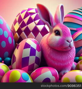 Festive Holiday Easter background with Bunnies and Easter eggs . Ai generation Art. Festive Holiday Easter background with Bunnies and Easter eggs