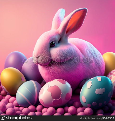 Festive Holiday Easter background with Bunnies and Easter eggs . Ai generation Art. Festive Holiday Easter background with Bunnies and Easter eggs