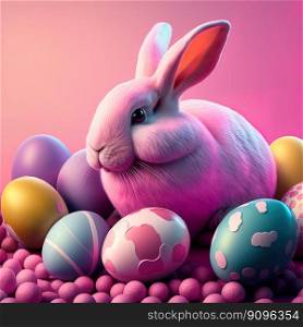 Festive Holiday Easter background with Bunnies and Easter eggs . Ai generation Art. Festive Holiday Easter background with Bunnies and Easter eggs