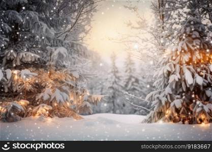 festive holiday setting, with snow-covered landscape and twinkling lights, created with generative ai. festive holiday setting, with snow-covered landscape and twinkling lights