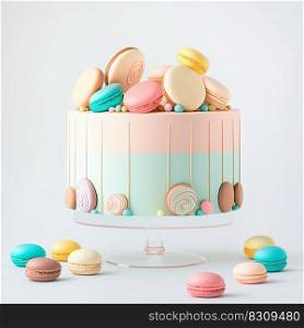 Festive macaron birthday cake with icing and decorations. Creative dessert concept. Ai generative. Festive macaron birthday cake. Creative dessert concept. Ai generative
