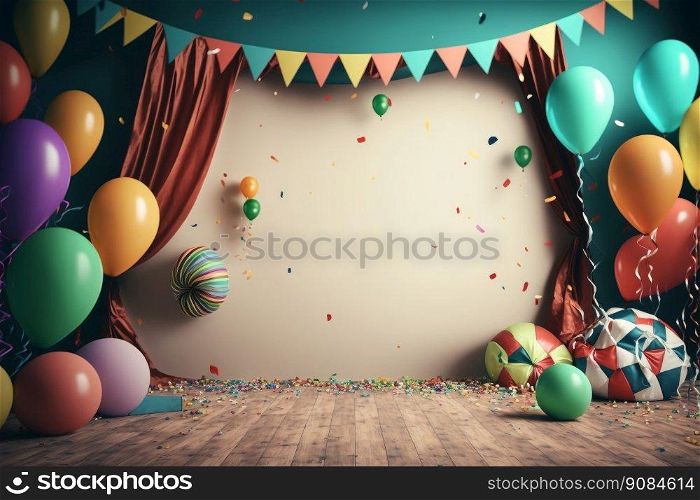 Festive party with balloons, stage and garlands. Illustration Generative AI. Festive party with balloons, stage and garlands. Illustration AI Generative