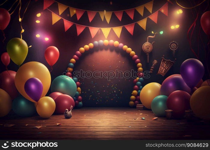 Festive party with balloons, stage and garlands. Illustration Generative AI. Festive party with balloons, stage and garlands. Illustration AI Generative