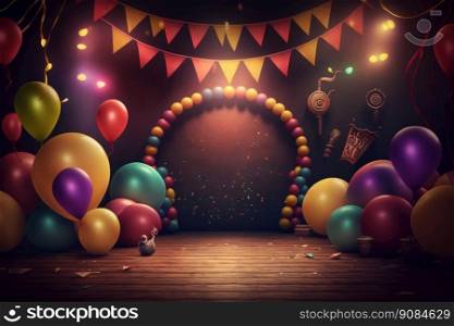 Festive party with balloons, stage and garlands. Illustration Generative AI. Festive party with balloons, stage and garlands. Illustration AI Generative