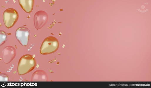 Festive realistic gold, pink and white balloons color with ribbon and gold glitter. Celebrate concept. 3d rendering.