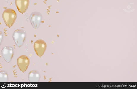 Festive realistic pink and white balloons color with ribbon and gold glitter. Celebrate concept. 3d rendering.