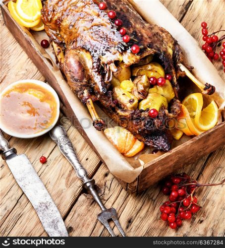 Festive roast duck with orange and cranberries. Appetizing roasted duck with oranges cooked to a rustic recipe
