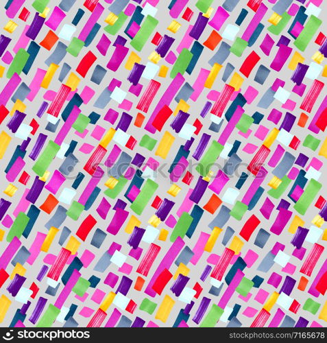 Festive seamless pattern with diagonal stripes. Abstract ornament on a gray background with multi-colored geometric shapes. Stylish decoration for packaging, design, invitation cards, posters.. Festive seamless pattern with diagonal stripes.