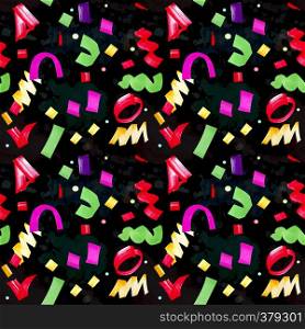 Festive seamless pattern with multicolor confetti. Abstract black background with colorful geometric shapes and watercolor blots. Stylish decoration for packaging, design, invitation cards, posters.. Festive seamless pattern with multicolor confetti.