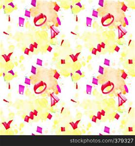 Festive seamless pattern with stains and confetti. Abstract seamless pattern with yellow and orange watercolor blots, pink and purple geometric shapes.. Festive seamless pattern with stains and confetti.