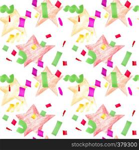 Festive seamless pattern with stars and confetti. Abstract seamless pattern with yellow, orange and red stars, purple, green, red and golden geometric shapes.. Festive seamless pattern with stains and confetti.
