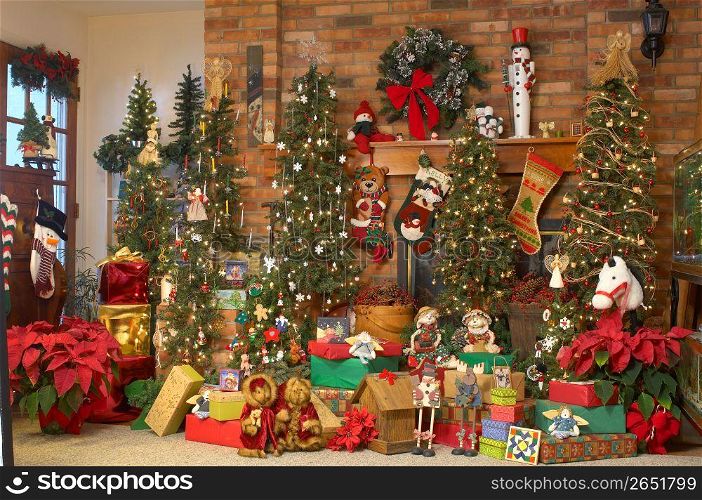 Festive store decorated for Christmas with trees, decorations, gifts and ornaments