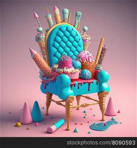Festive sweet confectionery birthday throne with ice cream, cake, donut, chocolate and decorations. Creative birthday party for children, diet and sugar addiction concept. AI. Festive confectionery throne. Creative sugar addiction concept. AI