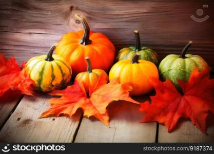 Festive thanksgiving background with pumpkins and ears created with generative AI technology