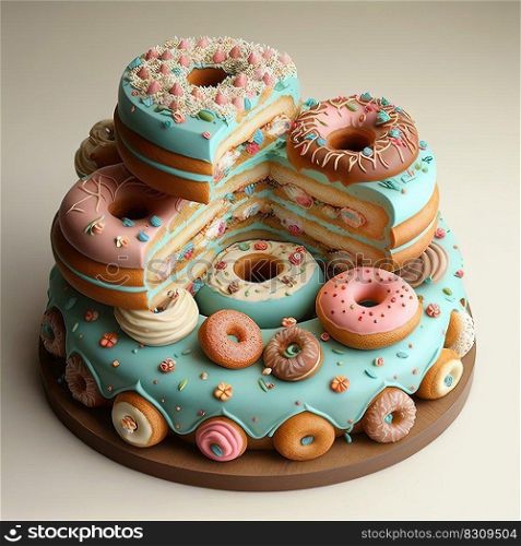 Festive three tier donut birthday cake with icing and decorations. Creative dessert concept. Ai generative. Festive donut birthday cake. Creative dessert concept. Ai generative