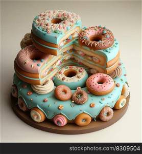 Festive three tier donut birthday cake with icing and decorations. Creative dessert concept. Ai generative. Festive donut birthday cake. Creative dessert concept. Ai generative