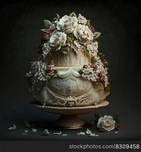 Festive three tier wedding cake with decorations. Creative dessert concept. AI. Festive three tier wedding cake. Creative dessert concept. AI