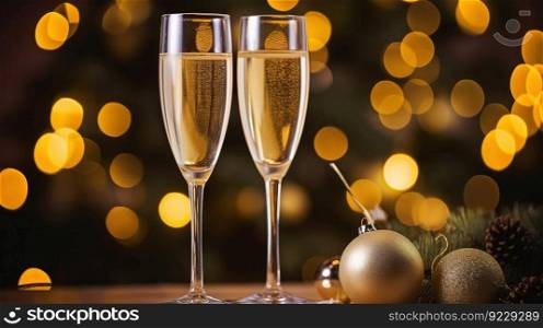 Festive two glasses of ch&agne on a blurred bokeh background. Header banner mockup with copy space. AI generated.. Festive two glasses of ch&agne on a blurred bokeh background. AI generated.