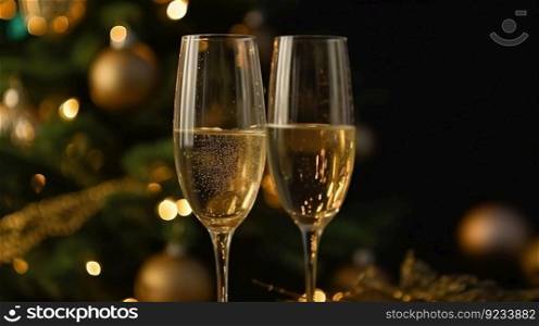 Festive two glasses of champagne on a blurred bokeh background. Header banner mockup with copy space. AI generated.. Festive two glasses of champagne on a blurred bokeh background. AI generated.