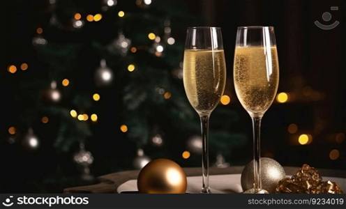 Festive two glasses of champagne on a blurred bokeh background. Header banner mockup with copy space. AI generated.. Festive two glasses of champagne on a blurred bokeh background. AI generated.