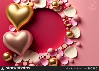 Festive Valentine’s background with red and gold hearts on the background. Illustration AI Generative 