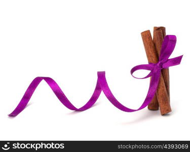 Festive wrapped cinnamon sticks isolated on white background