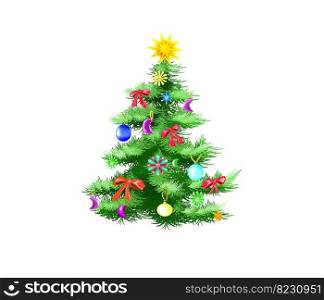 Festively Decorated Christmas Tree Isolated on White Background.  Illustration in a classic cartoon style. Festively Decorated Christmas Tree Isolated on White Background.  Illustration in a classic cartoon style.. Festively Decorated Christmas Tree Isolated on White Background