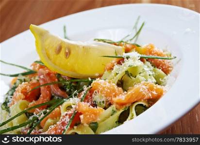 Fettuccine with salmon .