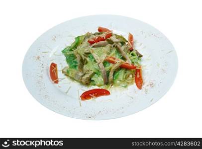 fettuccine with zucchini and beef.Italian cuisine