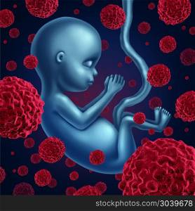 Fetus cancer and fetal illness as a prenatal malignant disease and a health symbol for tumor metastasizing with 3D illustration elements.. Fetus Cancer