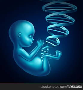 Fetus dna medical concept as a human unborn child inside a pregnant woman with a double helix strand shaped as an umbilical cord as a medical prenatal gene therapy and cloning symbol as a 3D illustration.