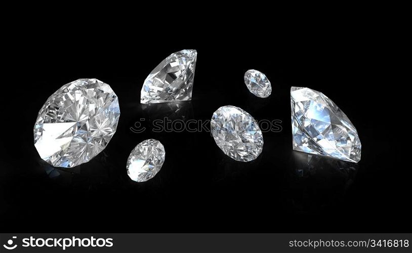 Few old european round cut diamonds, on black background
