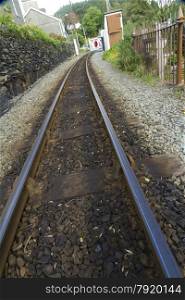 Ffestiniog railway railroad, close up of tracks, Penrhyndeudraeth, Gwynedd, Wales, United Kingdom.