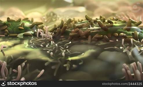 Fibrosis is a pathological feature of most chronic inflammatory diseases. Fibrosis, or scarring, is defined by the accumulation of excess extracellular matrix components.3d illustration. 3D Microbiology illustrationof the Mechanisms of fibrosis