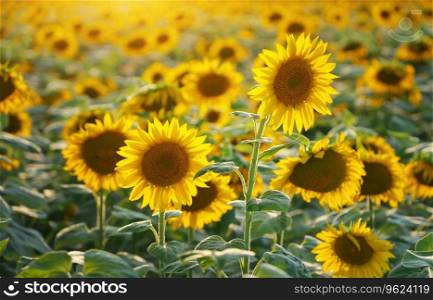Field of blooming sunflowers on the sunset. Nature landscape.