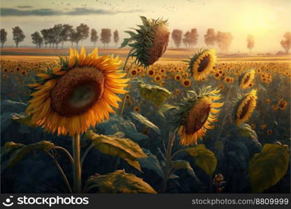 Field of blossoming sunflowers at the sunset