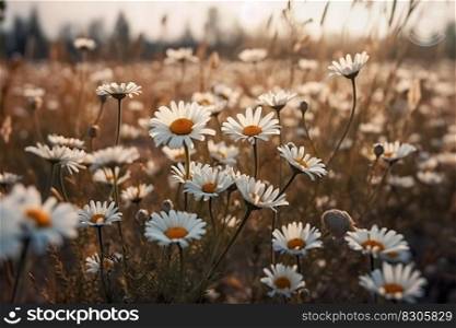 Field of daisies, blue sky and evening sun. Neural network AI generated art. Field of daisies, blue sky and evening sun. Neural network AI generated